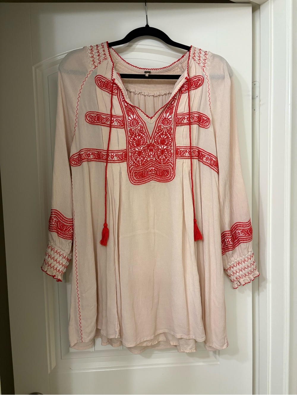 Free People Cream Tunic with Red Embroidery